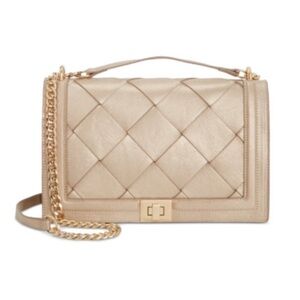 INC Ajae Pearl Champagne Woven Flap Shoulder Bag